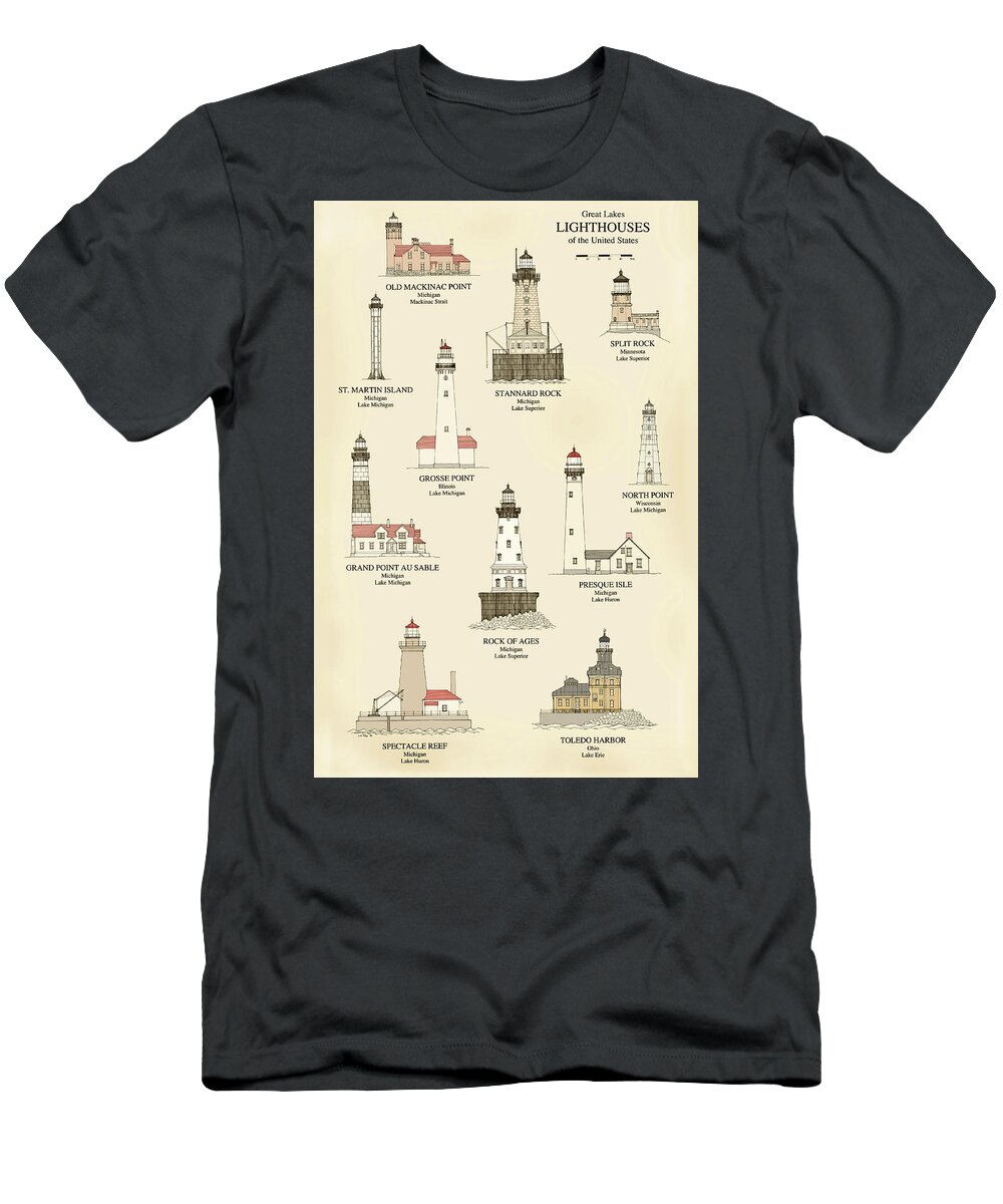 Lighthouse T-Shirt featuring the drawing Lighthouses of the Great Lakes by Jerry McElroy