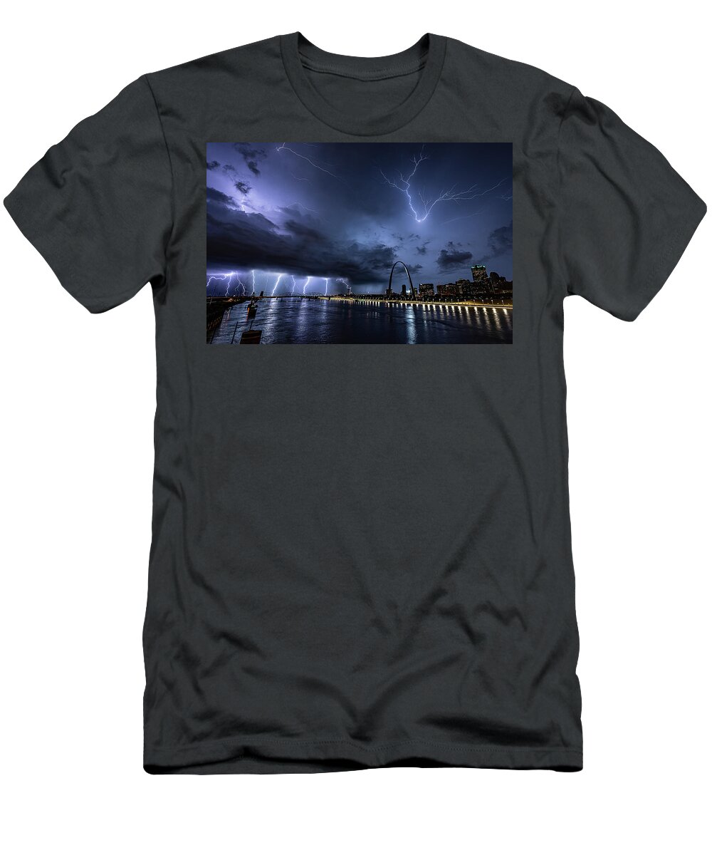 Lightning T-Shirt featuring the photograph Lightning At The Riverfront by Marcus Hustedde