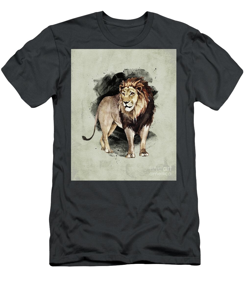 Lion T-Shirt featuring the painting Lion Watercolor Animal Art Painting by Garden Of Delights
