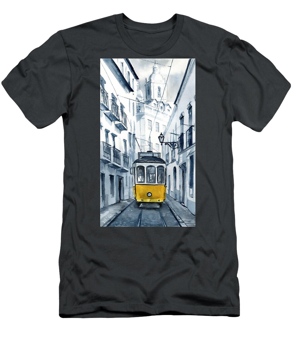 Tram T-Shirt featuring the painting Lisbon 28 Yellow Tram in Alfama by Dora Hathazi Mendes