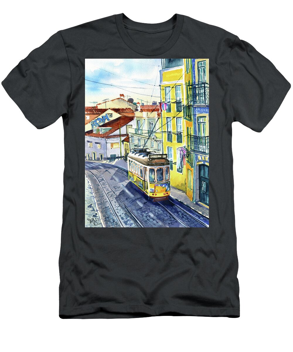 Lisbon T-Shirt featuring the painting Lisbon Tram 28 Painting by Dora Hathazi Mendes