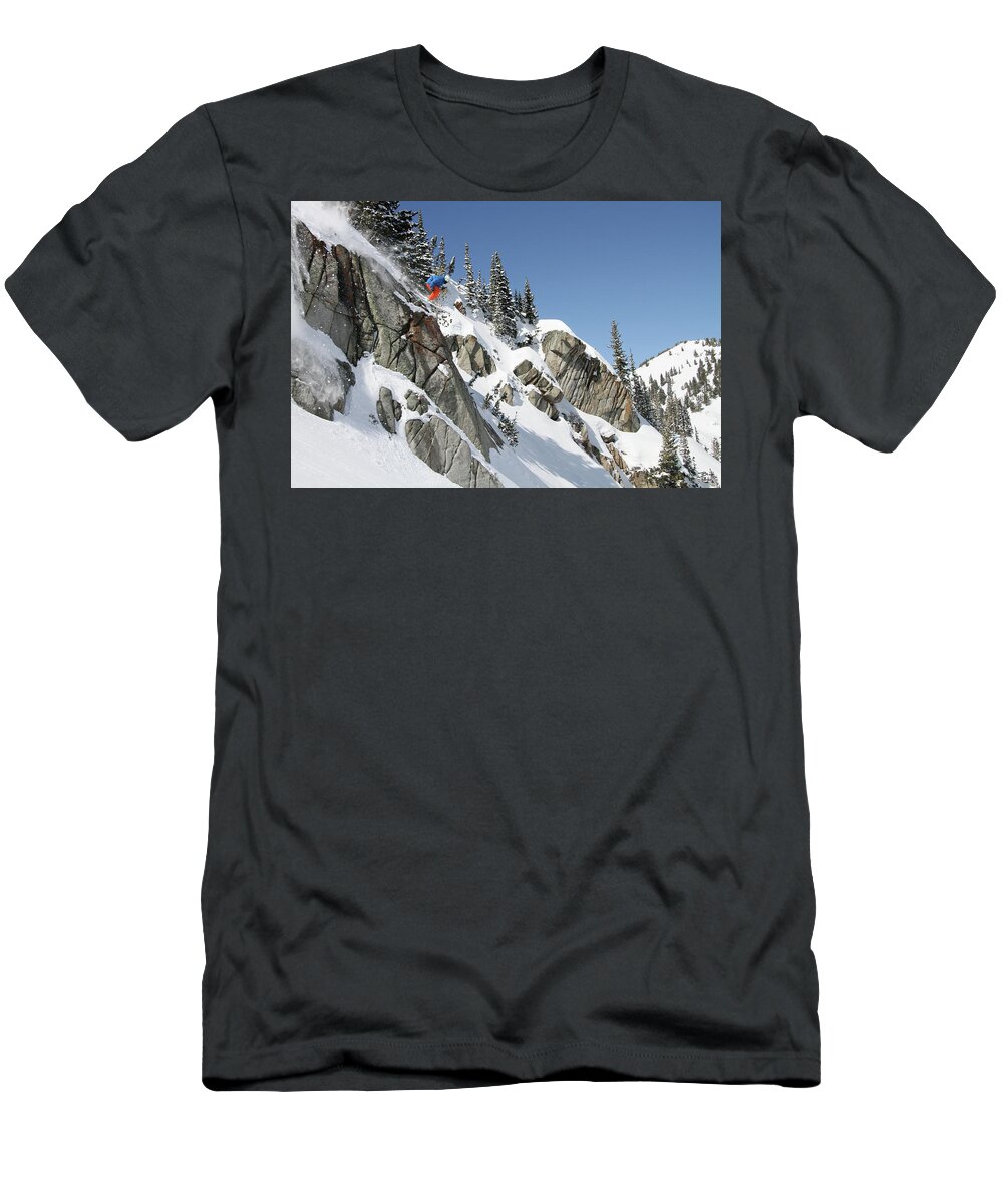Utah T-Shirt featuring the photograph Little Cottonwood Canyon Skier - Alta Backcountry, Utah - IMG_0471 by Brett Pelletier
