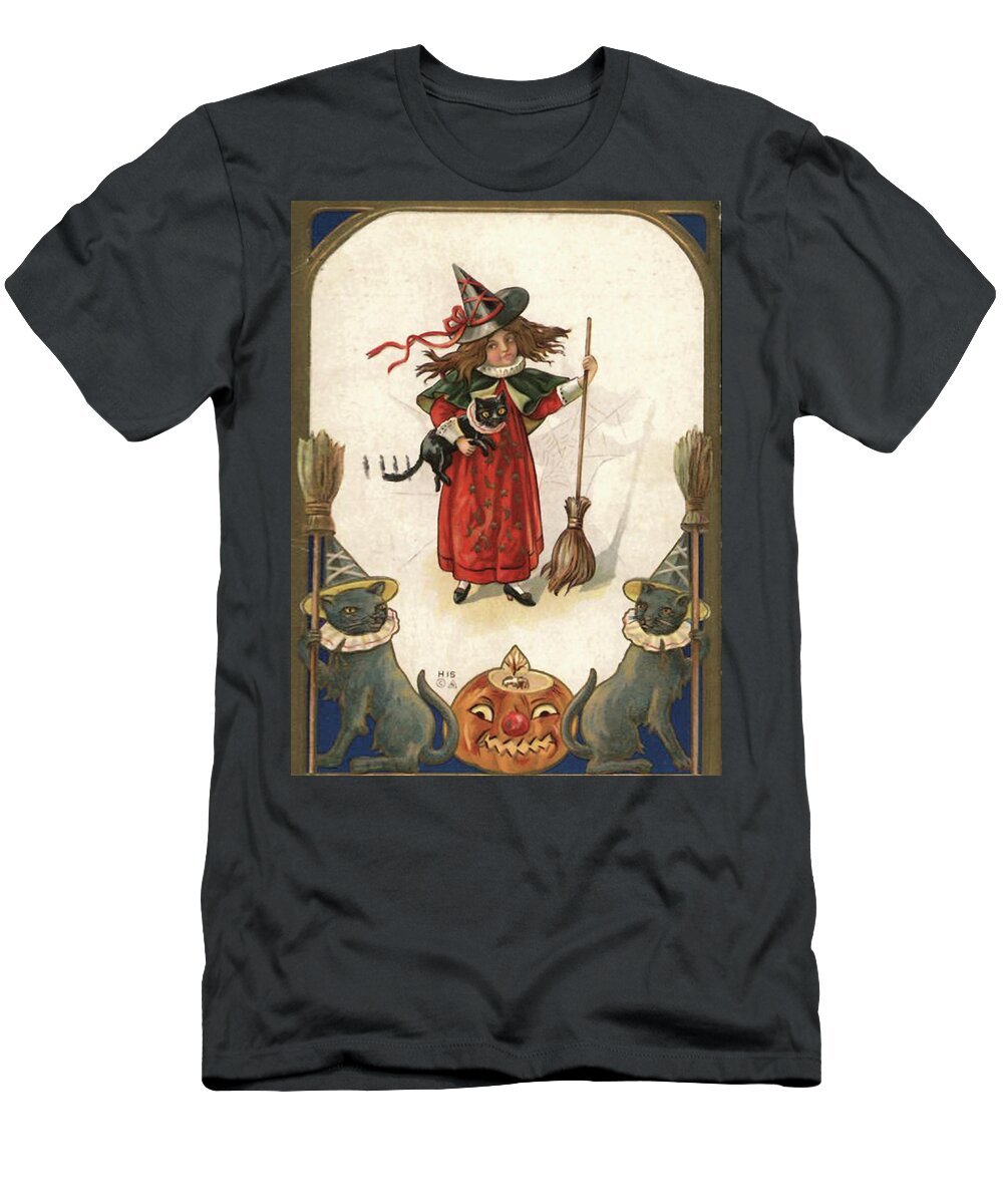 Witch T-Shirt featuring the digital art Little Witch Girl and Black Cat by Long Shot