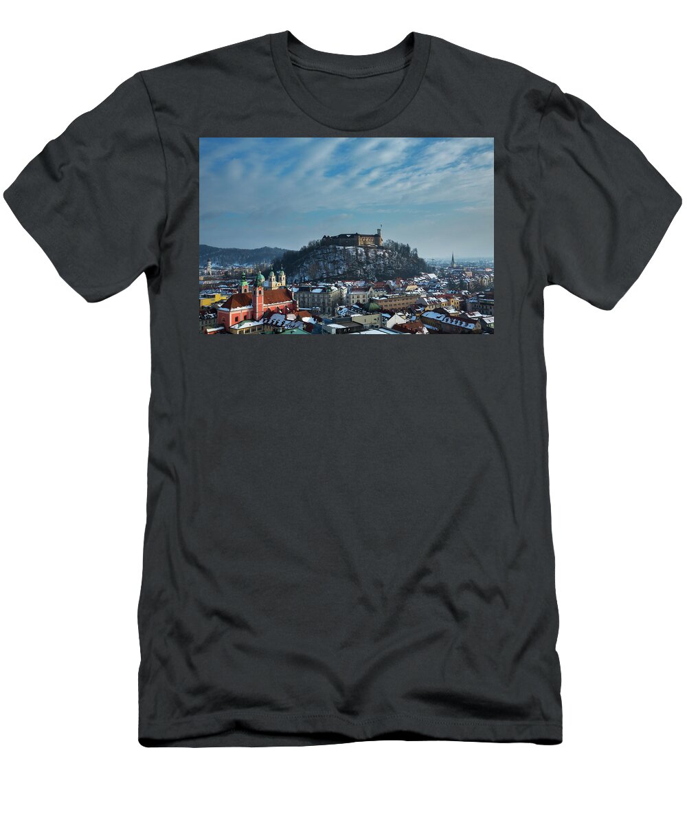 Ljubljana T-Shirt featuring the photograph Ljubljana Castle and city centre by Ian Middleton