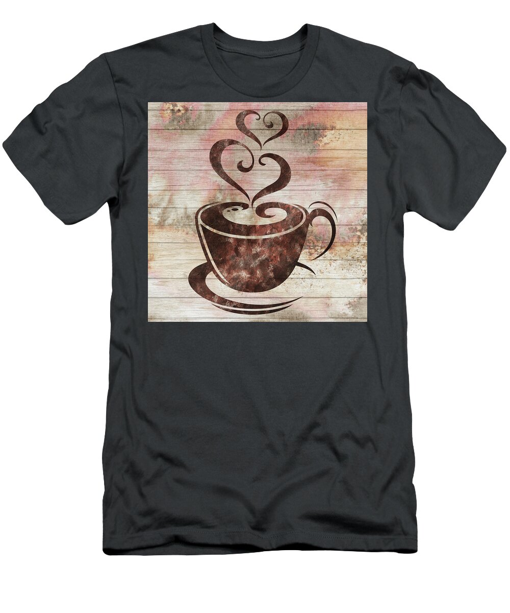 Cup Of Coffee T-Shirt featuring the painting Local Cafe Visit Colorful Warm Coffee Cup Two Sweet Hearts Brown Watercolor by Irina Sztukowski