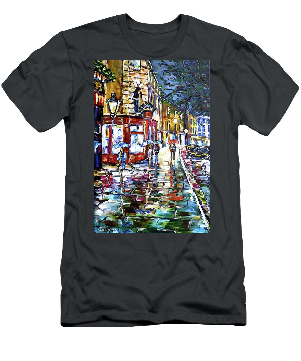 London At Night T-Shirt featuring the painting London, Night Rain by Mirek Kuzniar