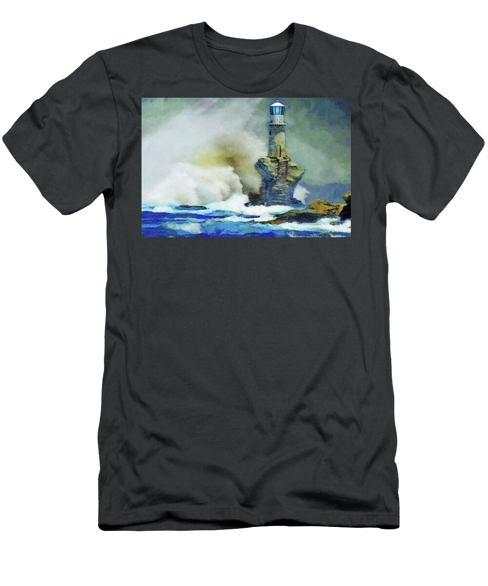 Architecture T-Shirt featuring the painting Lone Rock Lighthouse by Russ Harris