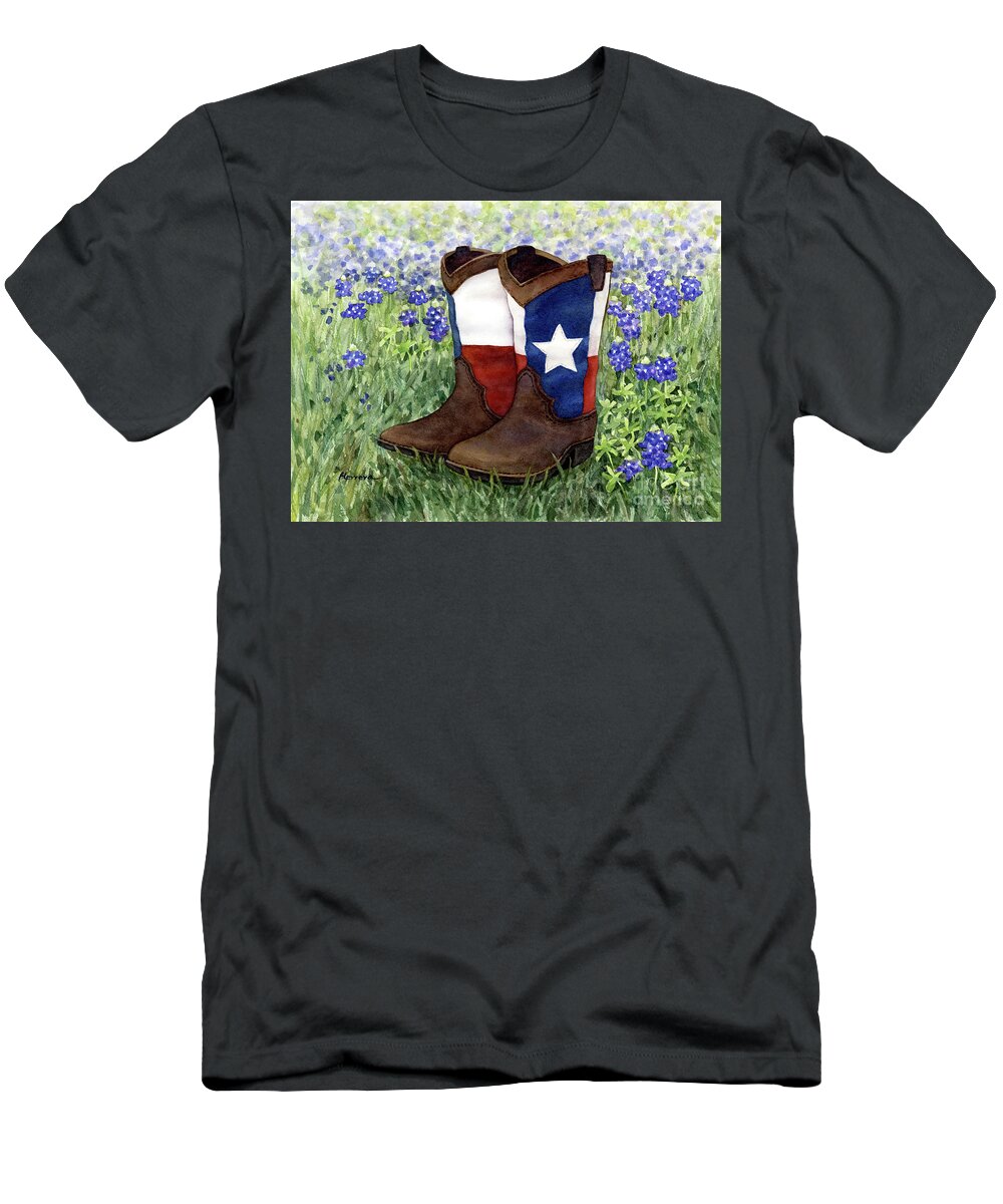 Boots T-Shirt featuring the painting Lone Star Boots in Bluebonnets by Hailey E Herrera