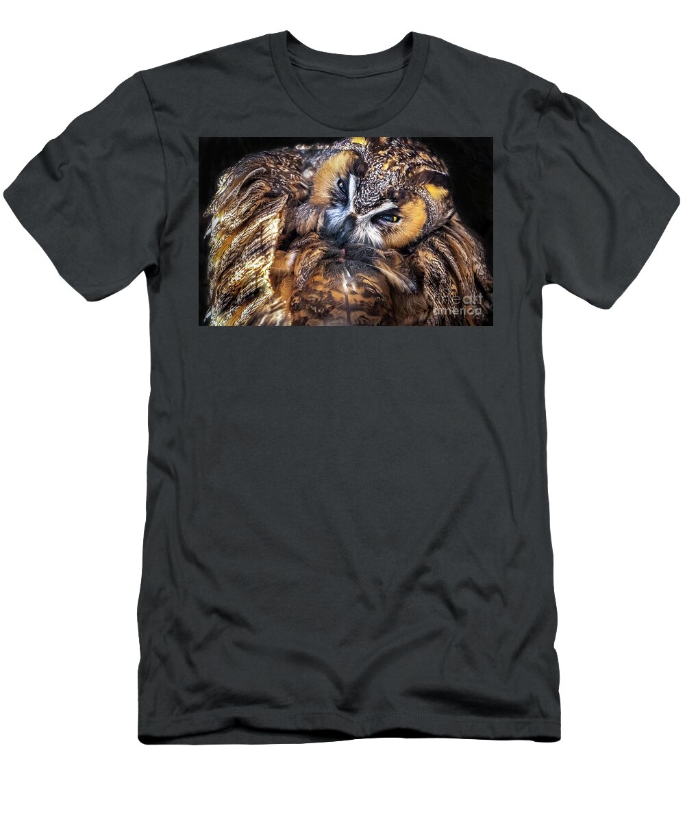 Long-eared Owl T-Shirt featuring the photograph Long-eared Owl Preening by Sandra Rust