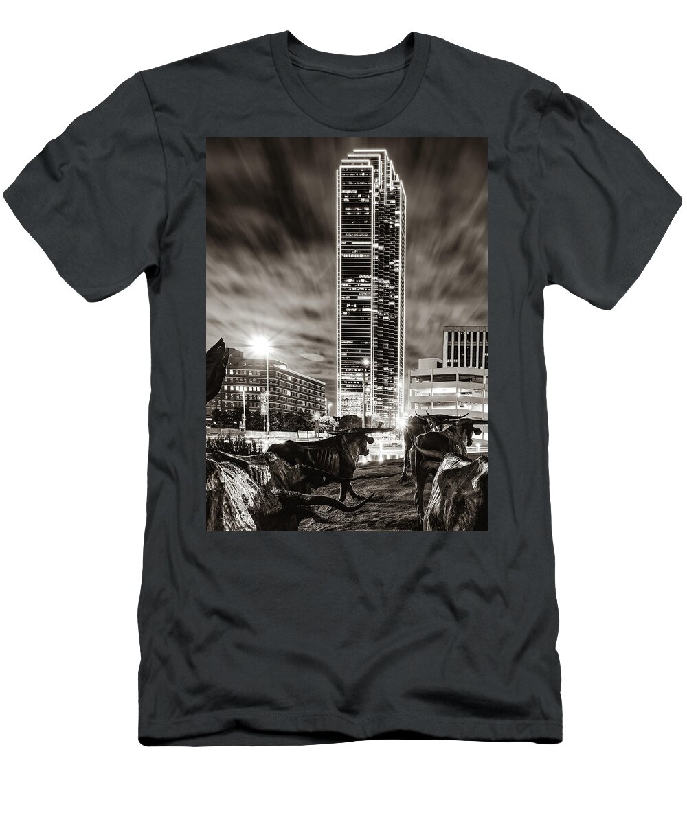 Dallas Cattle Drive T-Shirt featuring the photograph Longhorn Cattle Drive and the Dallas Skyline - Sepia Edition by Gregory Ballos