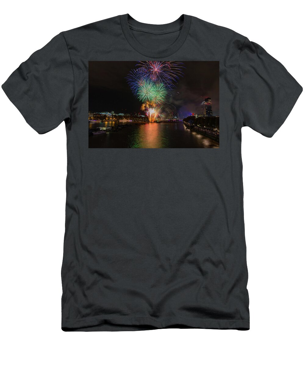 Thames T-Shirt featuring the photograph Lord Mayor firework show in London by Andrew Lalchan