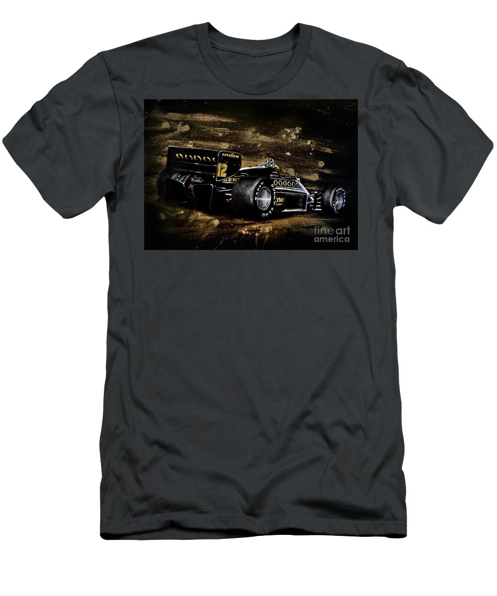 Hand Drawn T-Shirt featuring the painting Lotus Senna JPS F1 Formula One Acrylic Painting by Moospeed Art