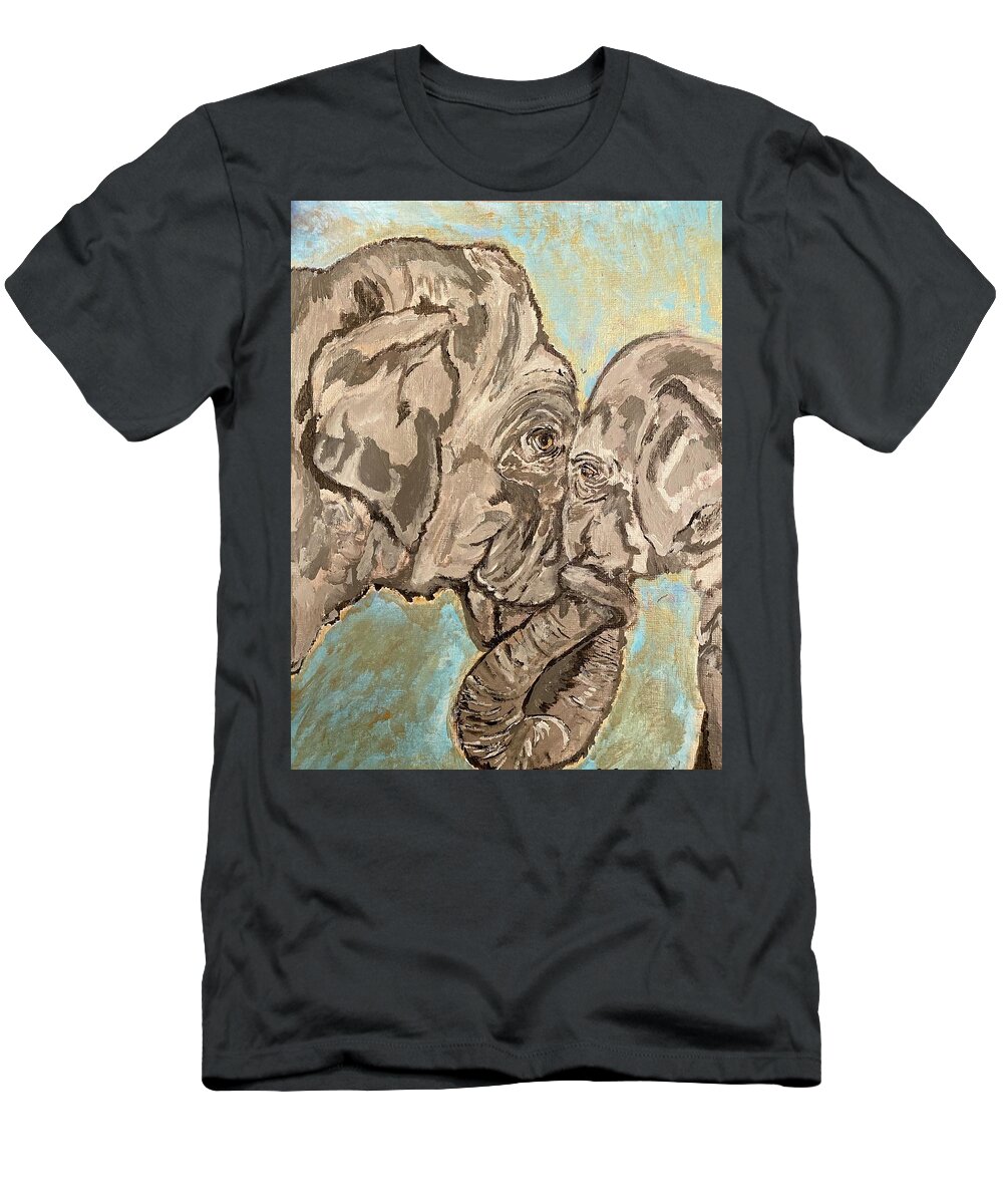 Mother And Baby Elephant T-Shirt featuring the painting Elephant Mother And Baby Trunks Entangled by Melody Fowler
