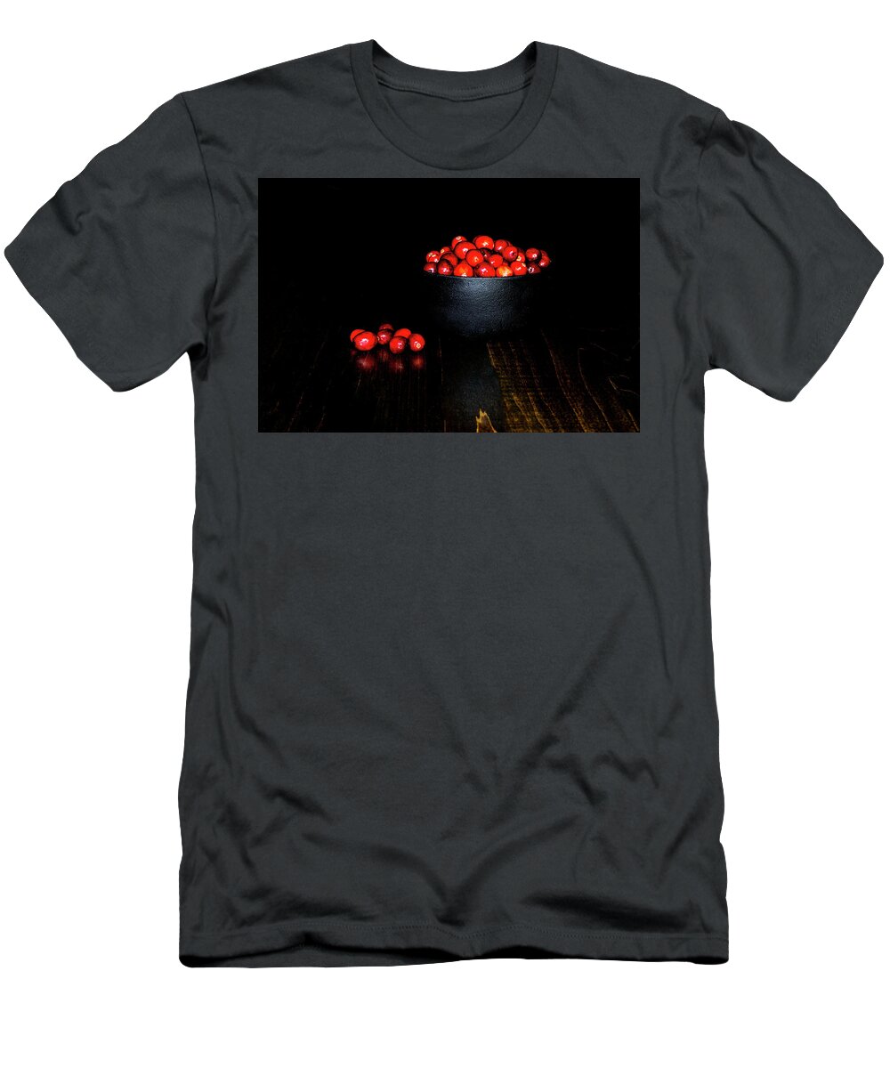 Tabletop T-Shirt featuring the photograph Low Key Cranberries in Black Bowl on Brown Base by Charles Floyd