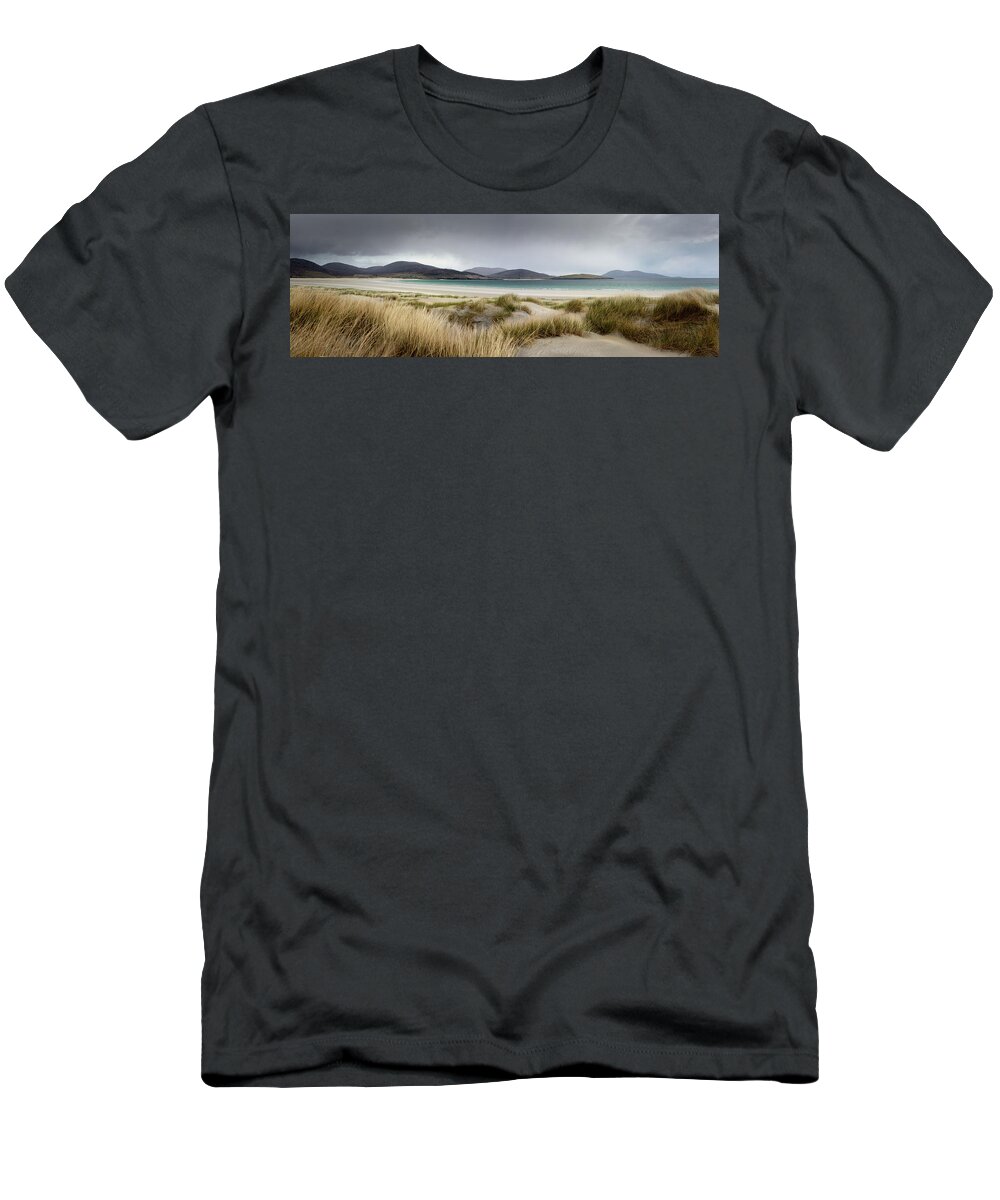 Panorama T-Shirt featuring the photograph Luskentyre beach dunes isle of harris and lews outer hebrides by Sonny Ryse