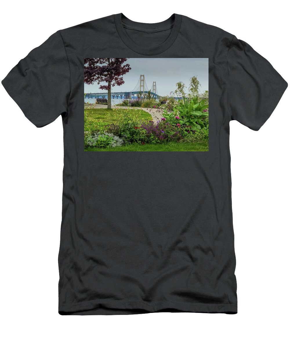 Mackinac Bridge T-Shirt featuring the photograph Mackinac Bridge from St. Ignace, Michigan by Deb Beausoleil