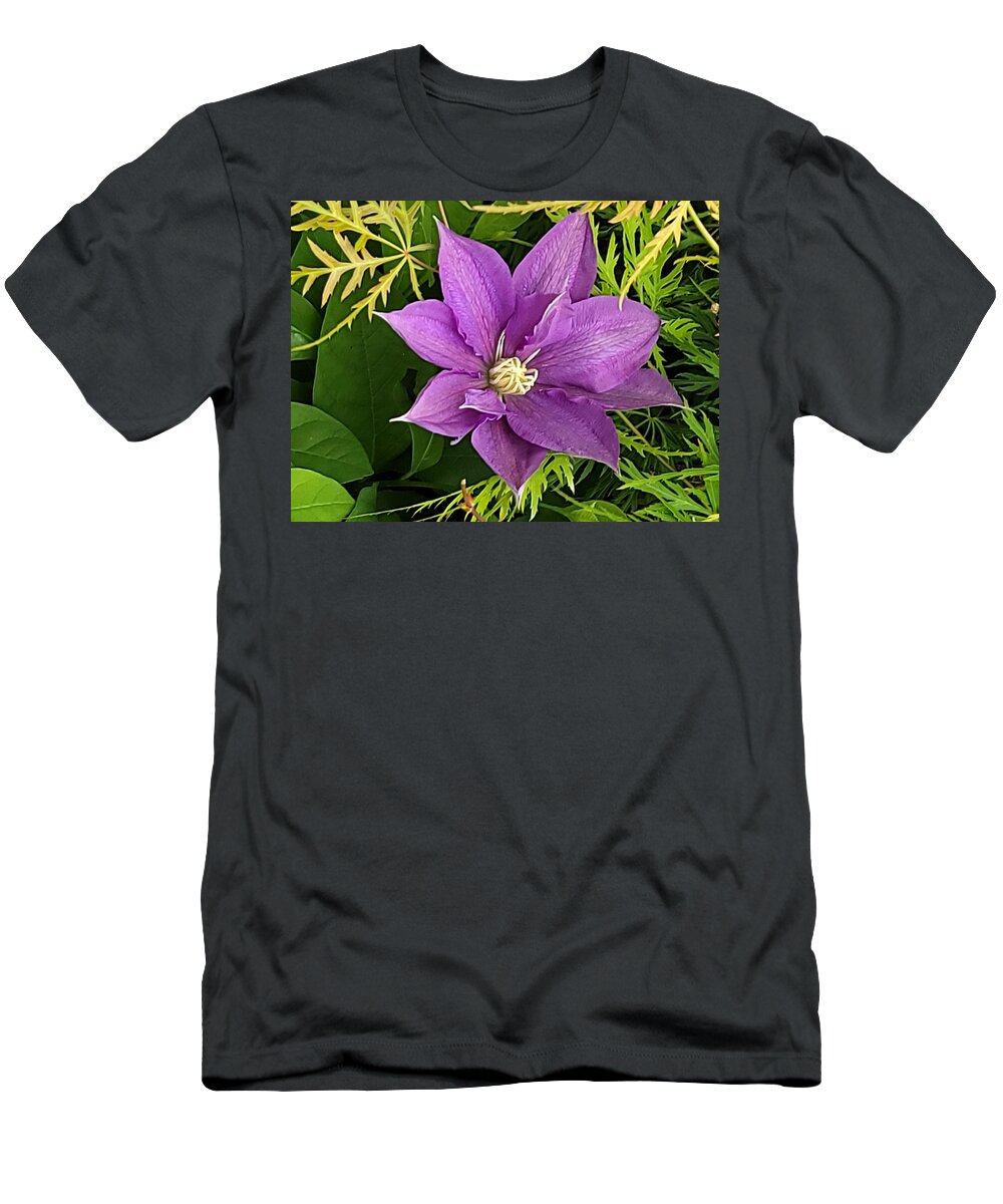 Flower T-Shirt featuring the mixed media Magenta Clematis Flower by Nancy Ayanna Wyatt