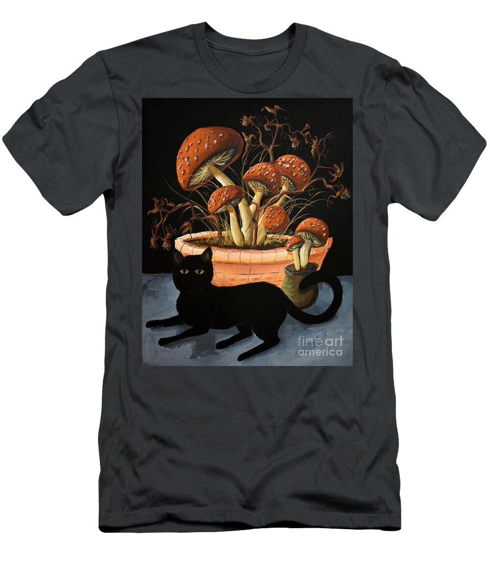 Mushroom T-Shirt featuring the painting Magic Mood  cat mushrooms by Debbie Criswell