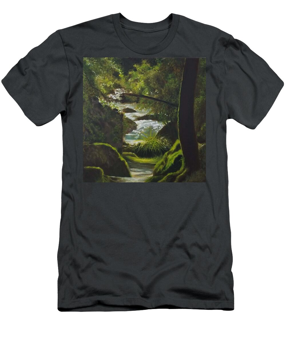 Water Trees Green T-Shirt featuring the painting Magic Stream by Caroline Philp