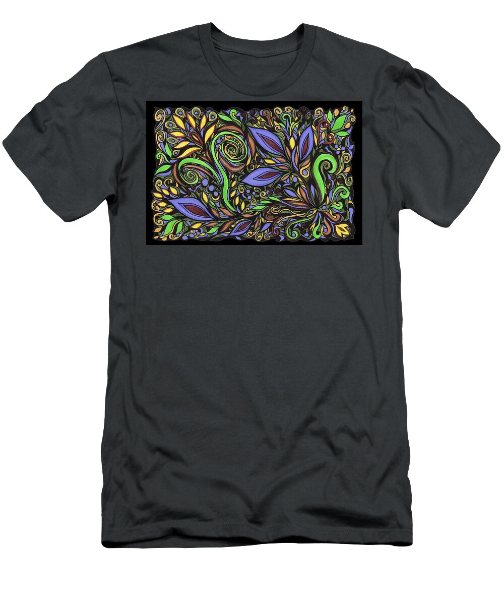 Floral Pattern T-Shirt featuring the painting Magical Floral Pattern Tiffany Stained Glass Mosaic Decor VI by Irina Sztukowski