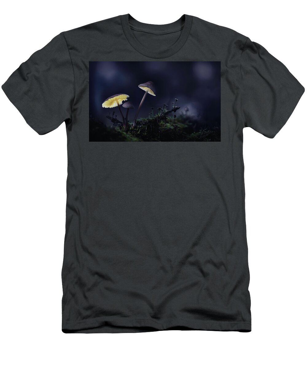 Light Paint T-Shirt featuring the photograph Magical mushrooms flowing in the dark by Dirk Ercken