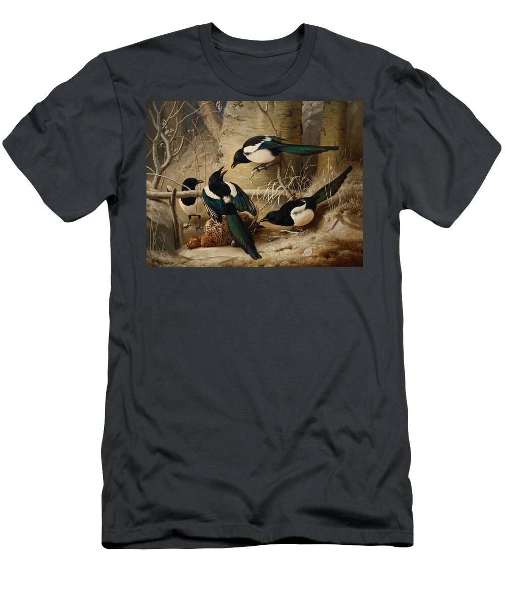 Magpies T-Shirt featuring the painting Magpies round a Dead Woodgrouse by Ferdinand von Wright