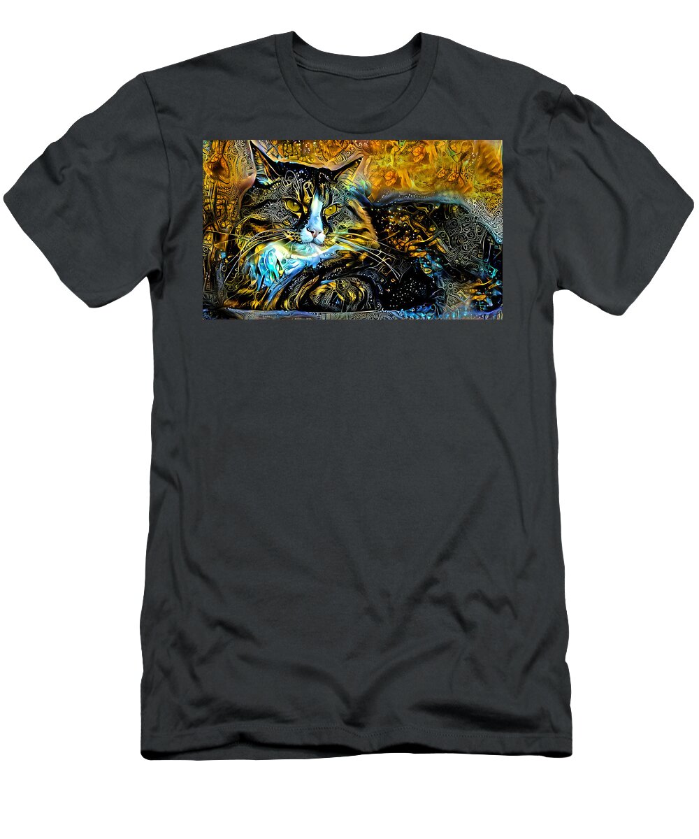 Maine Coon T-Shirt featuring the digital art Maine Coon cat lying down - golden night design by Nicko Prints