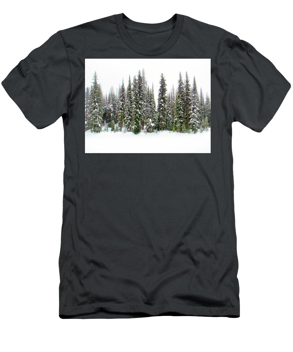 Okanagan Valley T-Shirt featuring the photograph Majestic Evergreens in Snow by Allan Van Gasbeck