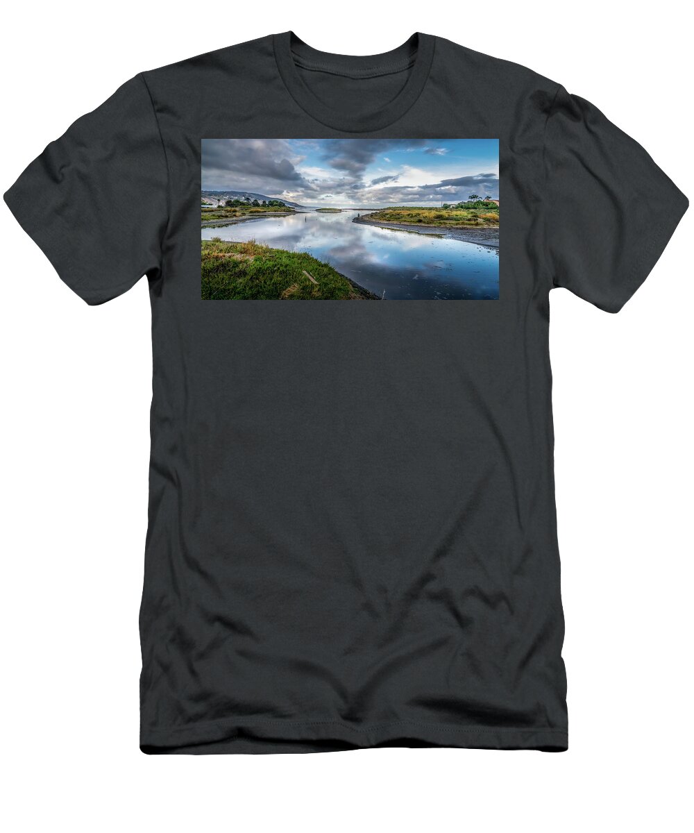 Malibu Lagoon T-Shirt featuring the photograph Malibu Lagoon To Santa Monica Skyline by Gene Parks