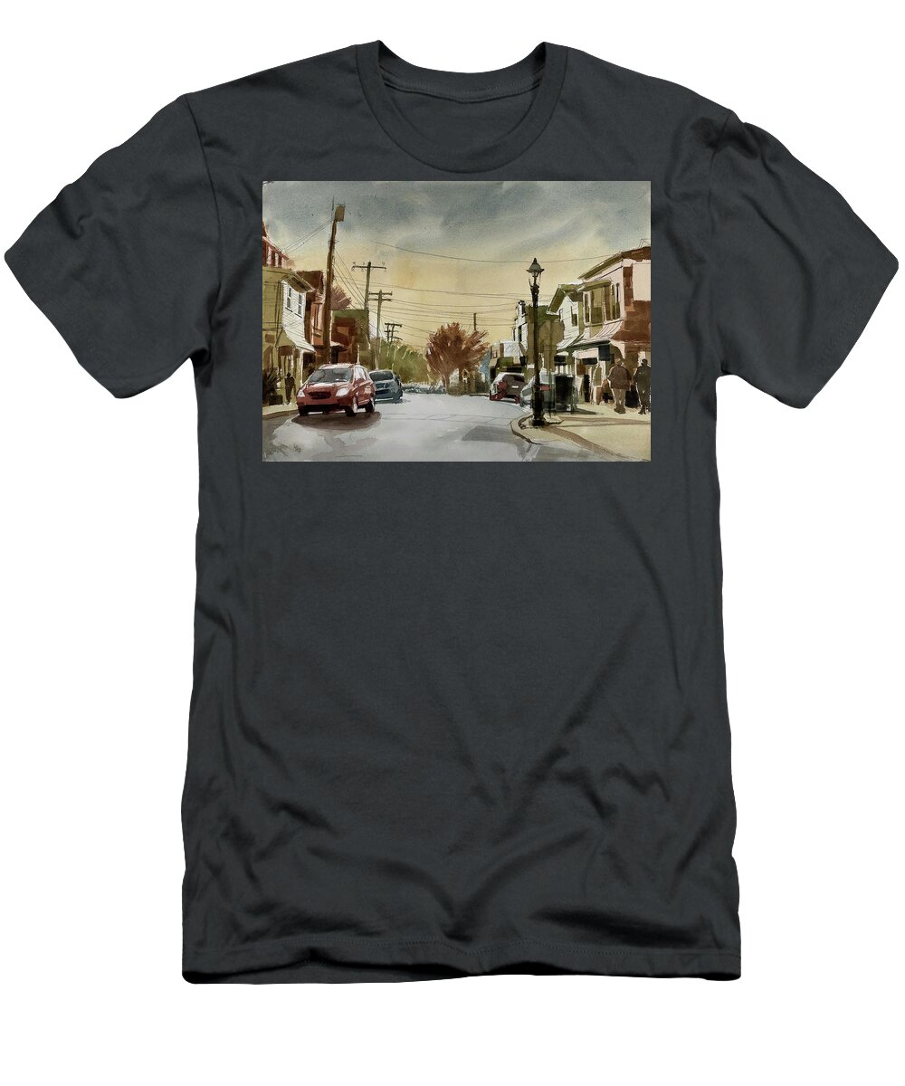 Town Cityscape Malvern Pennsylvania Small Town Street Scene Sunset T-Shirt featuring the painting Malvern PA by Stephen Rutherford