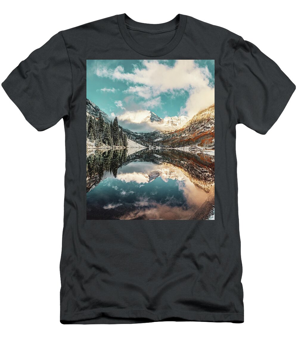 Aspen Colorado T-Shirt featuring the photograph Maroon Bells Scenic Mountain Landscape at Sunrise by Gregory Ballos