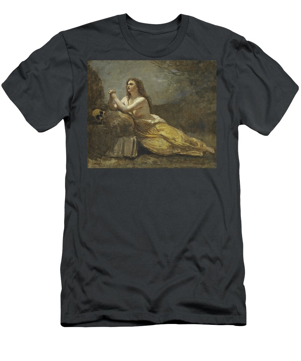Jean-baptiste-camille Corot T-Shirt featuring the painting Mary Magdalene in Prayer by Jean-Baptiste-Camille Corot