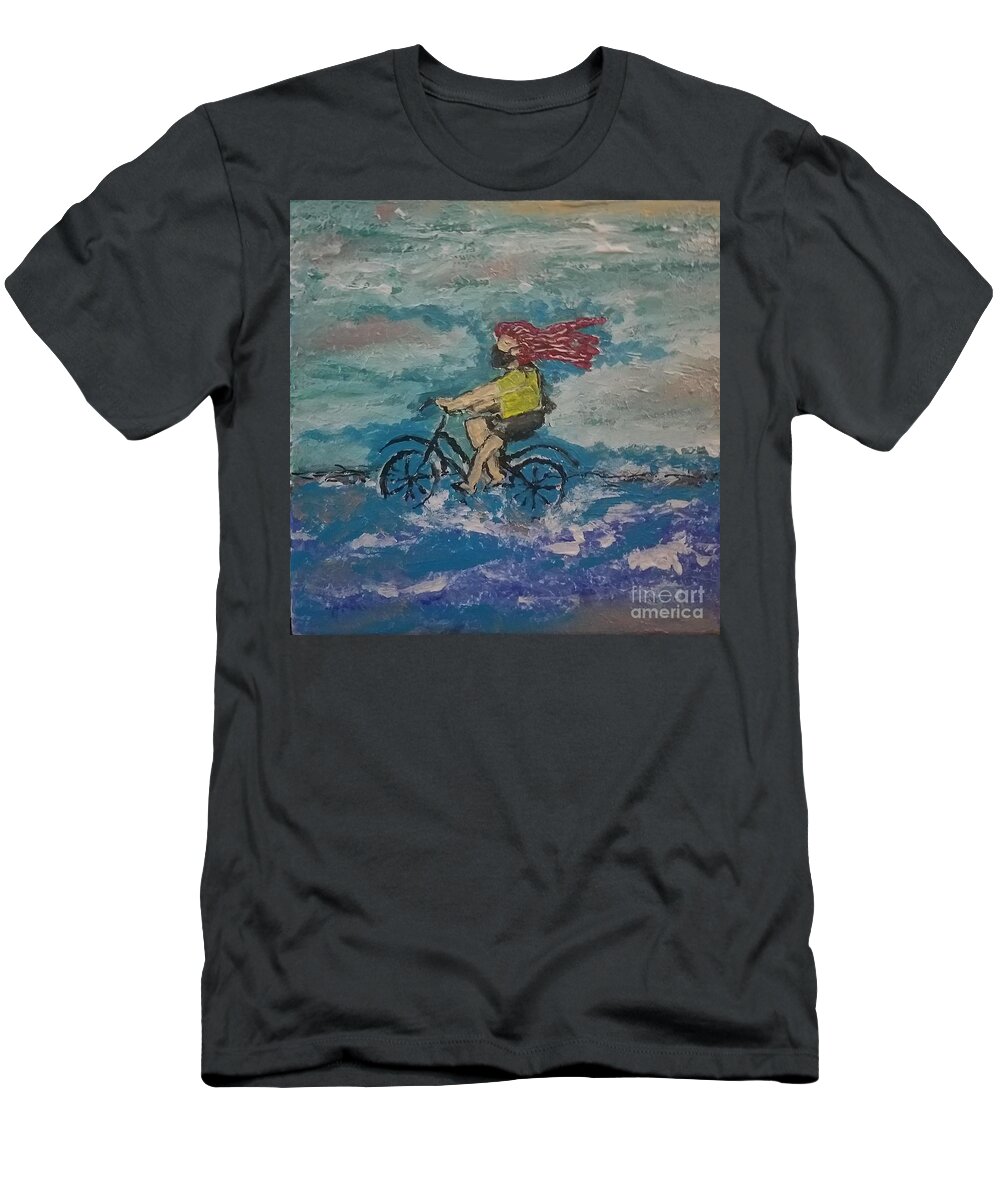  T-Shirt featuring the painting The Masked Woman on Bike in Ocean by Mark SanSouci