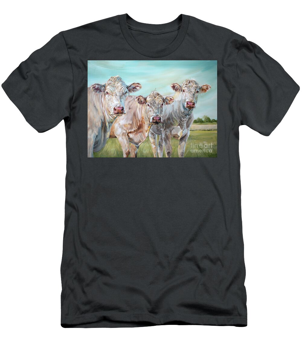 Cow T-Shirt featuring the painting Mavis in the Middle - 3 Cows Painting by Annie Troe