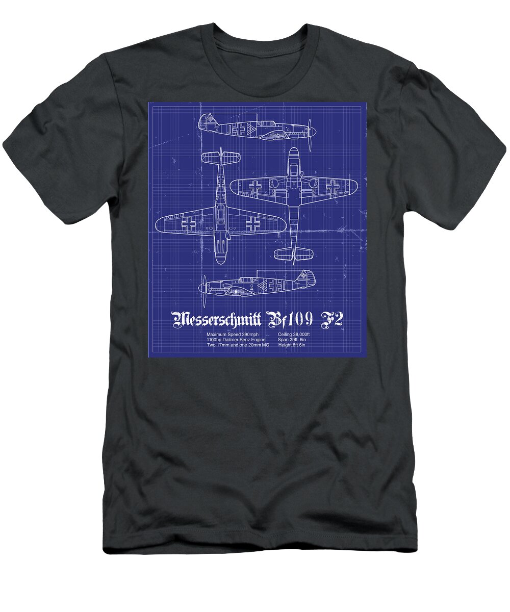 Me 109. Military Aircraft T-Shirt featuring the digital art ME 109F2 Blueprint by Thomas La Padula
