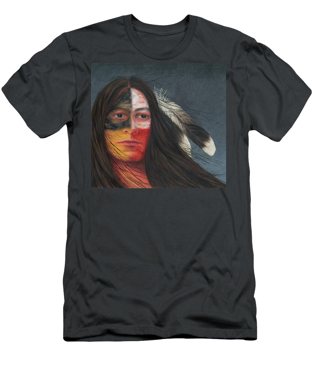 Native American; American Indian; Eagle Feathers; Medicine Wheel; Long Flowing Hair T-Shirt featuring the painting Medicine Man by Valerie Evans