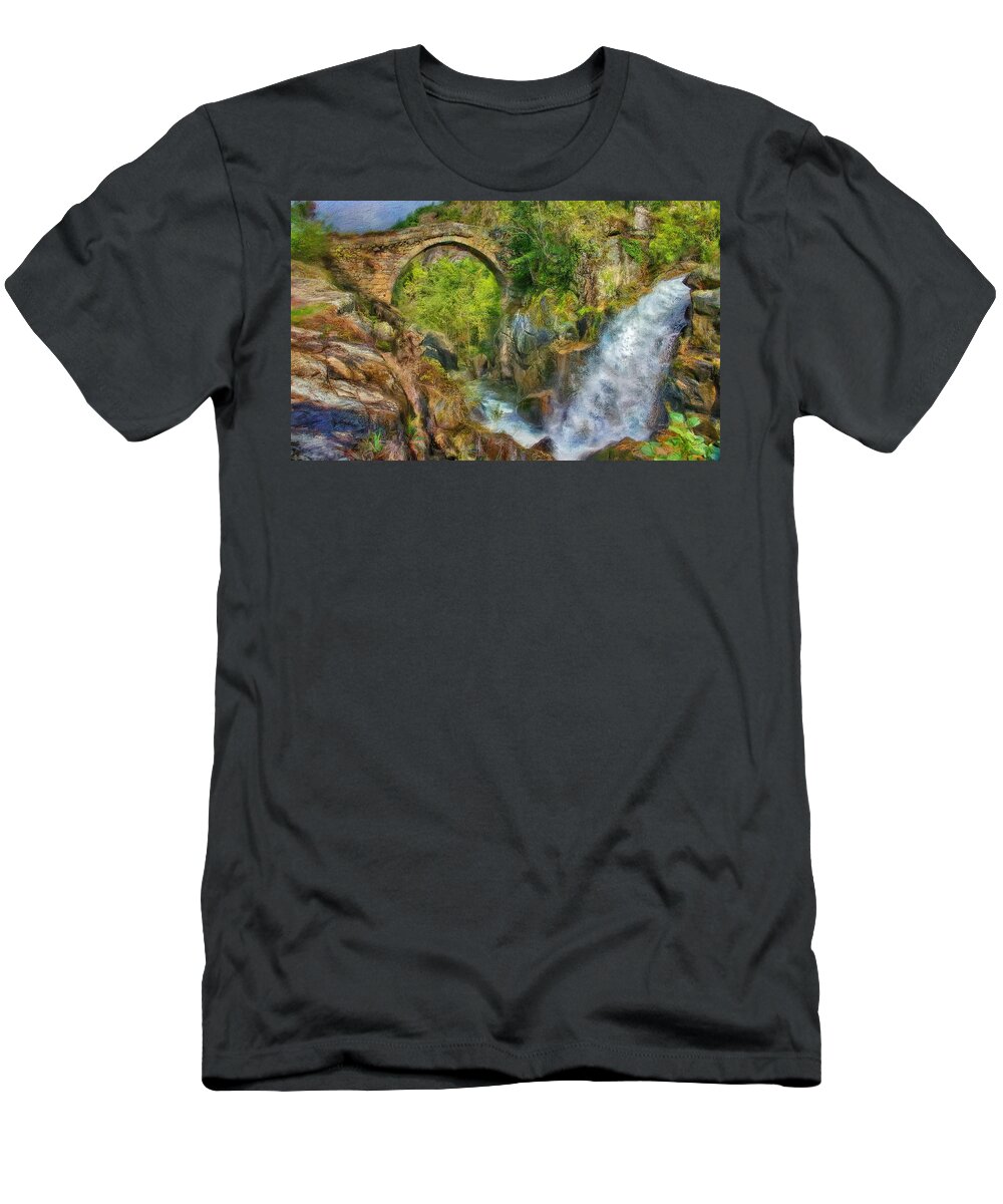 Medieval Stone Bridge T-Shirt featuring the digital art Medieval Stone Bridge in Northern Portugal by Russ Harris