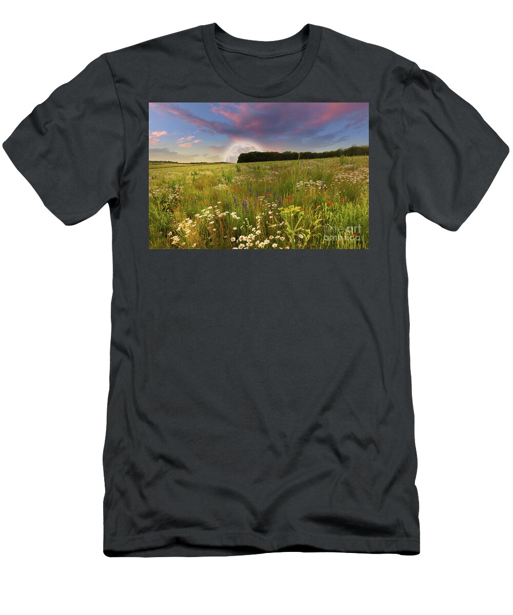 Norfolk T-Shirt featuring the photograph Mega moon rising over flower meadow by Simon Bratt