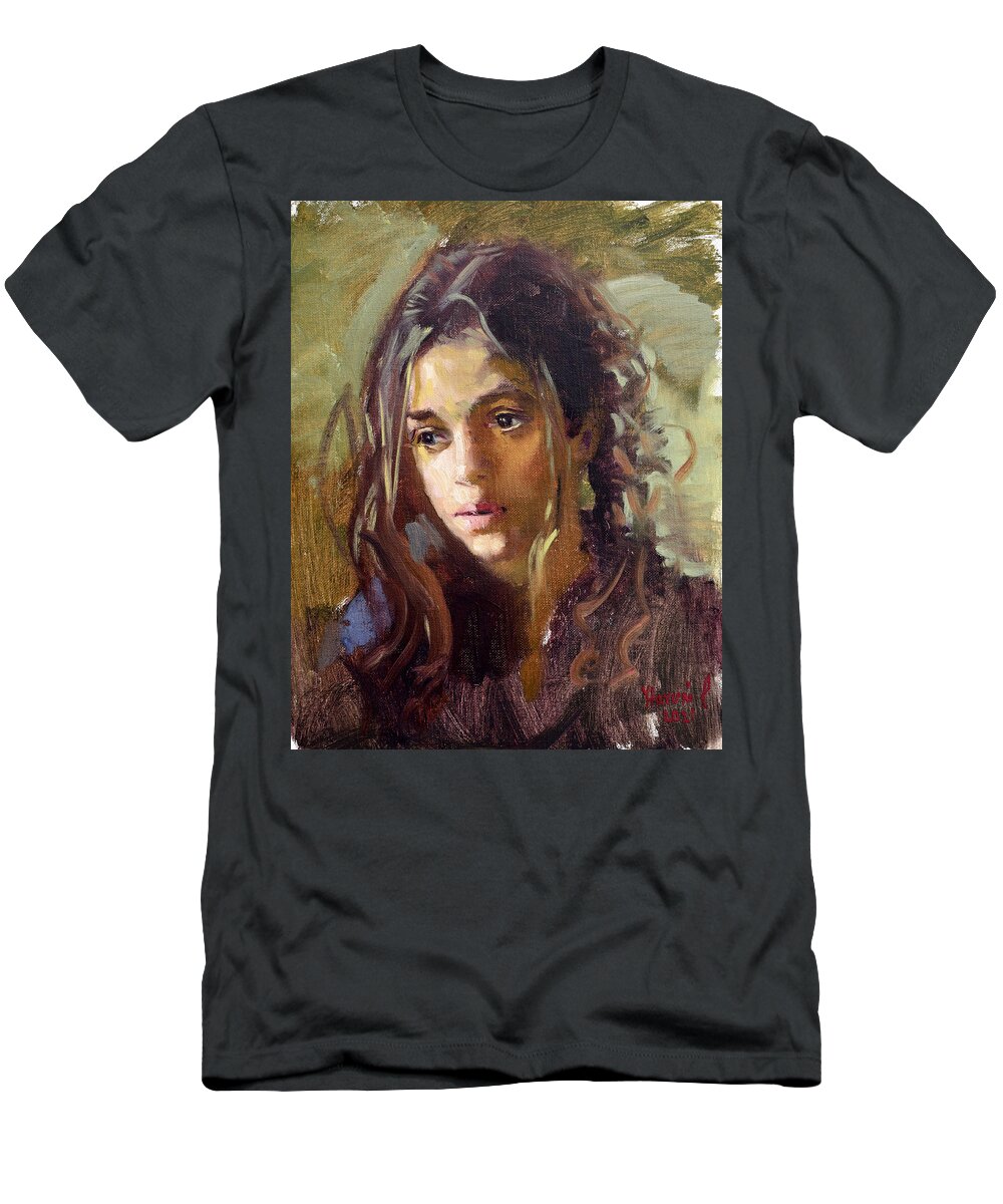Portrait T-Shirt featuring the painting Melina by Ylli Haruni
