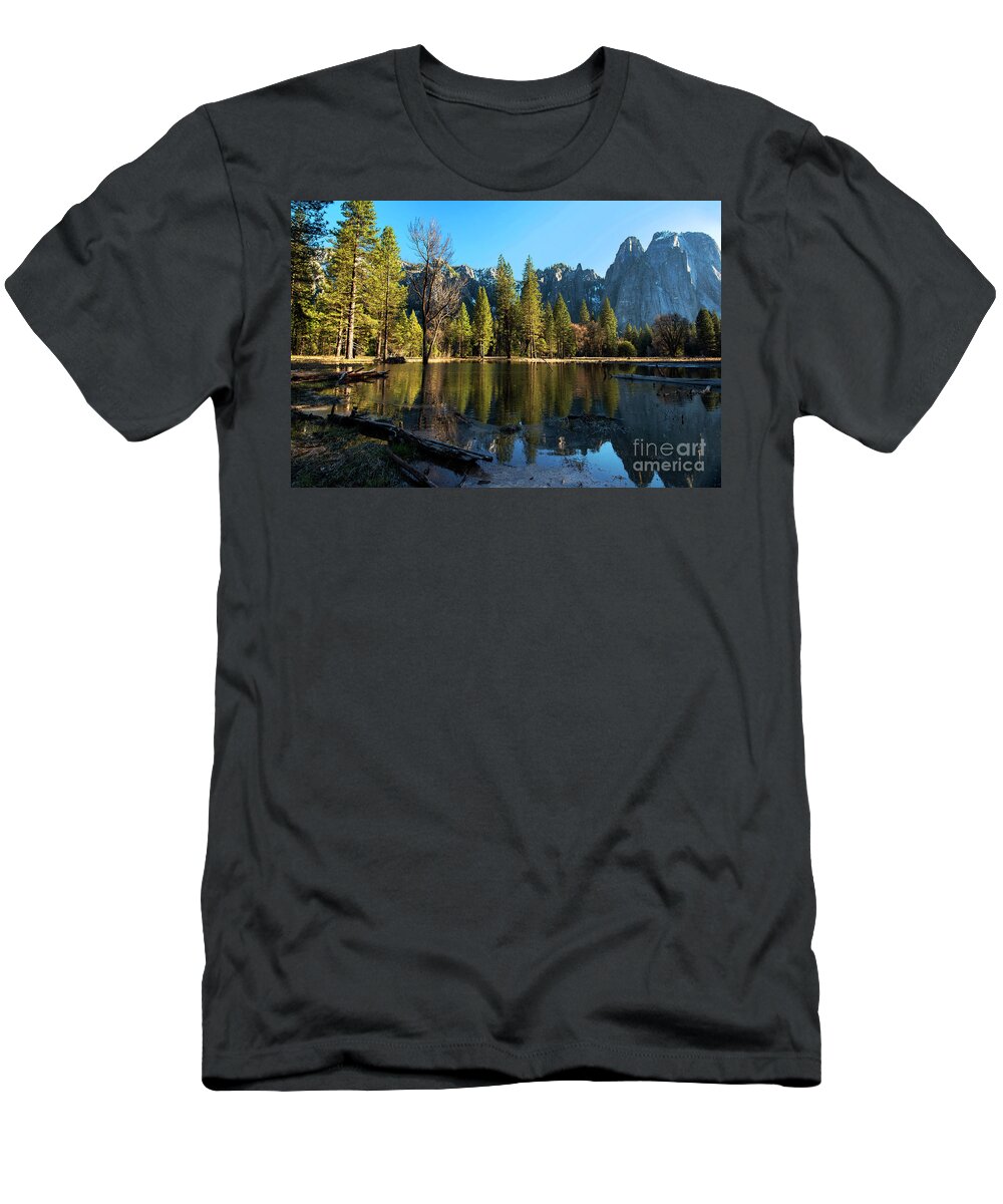 Yosemite National Park T-Shirt featuring the photograph Merced River Reflection in Yosemite Valley, Yosemite National Park, California by Yefim Bam