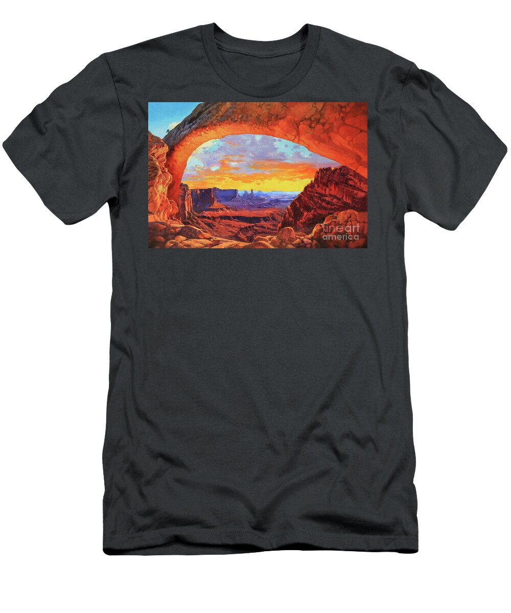 Mesa Arch Sunrise Canyonlands National Park Moab Utah Landscape Mountains Nature Southwest Sun Rise Southern South West Canyon Rock Stone Formation Glows Red Sun Burst Utah's National Park Artist Gary Kim Large Wall Canvas Print Oil Painting Mural Art Red Brown Desert Arid Butte Dawn Morning Remote Beauty Sunburst Rays Sunlight Glowing Rocks Nature Impressionist Traditional Realist Valley Warm Arches Canvas Print Framed Print Poster Metal Prints Acrylic Print Wood Print Greeting Card Sticker T-Shirt featuring the painting Mesa Arch Sunrise 1 by Gary Kim