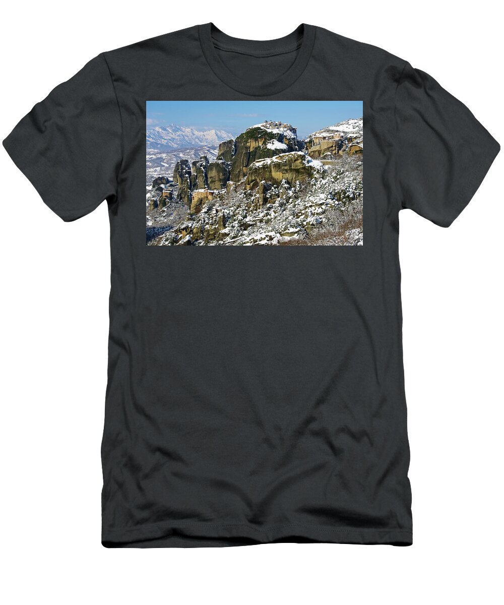 Meteora T-Shirt featuring the photograph Meteora Monasteries in Winter by Sean Hannon