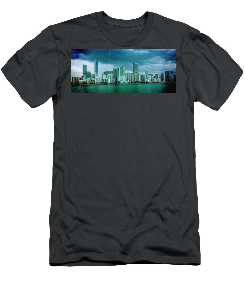 Biscayne Bay T-Shirt featuring the digital art Miami Skyline from Biscayne Bay by SnapHappy Photos