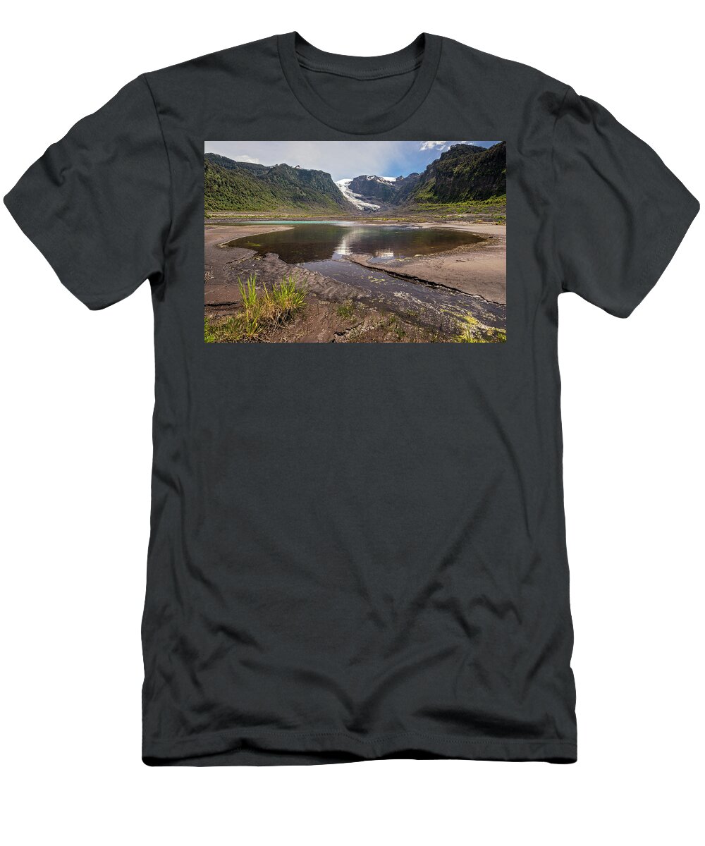 Chile T-Shirt featuring the photograph Michinmahuida glacier with pond reflexion by Henri Leduc