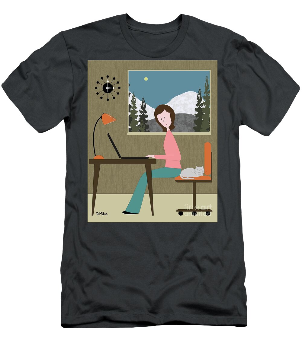 Mid Century Cat T-Shirt featuring the digital art Mid Century Cat Hogs the Chair by Donna Mibus
