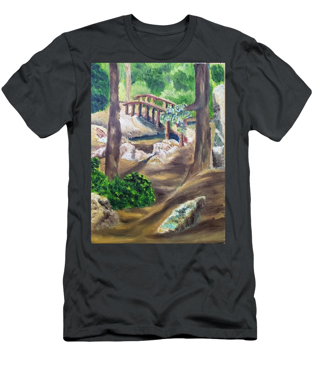 Bridge T-Shirt featuring the painting Midmorning by the Bridge by Joseph Eisenhart
