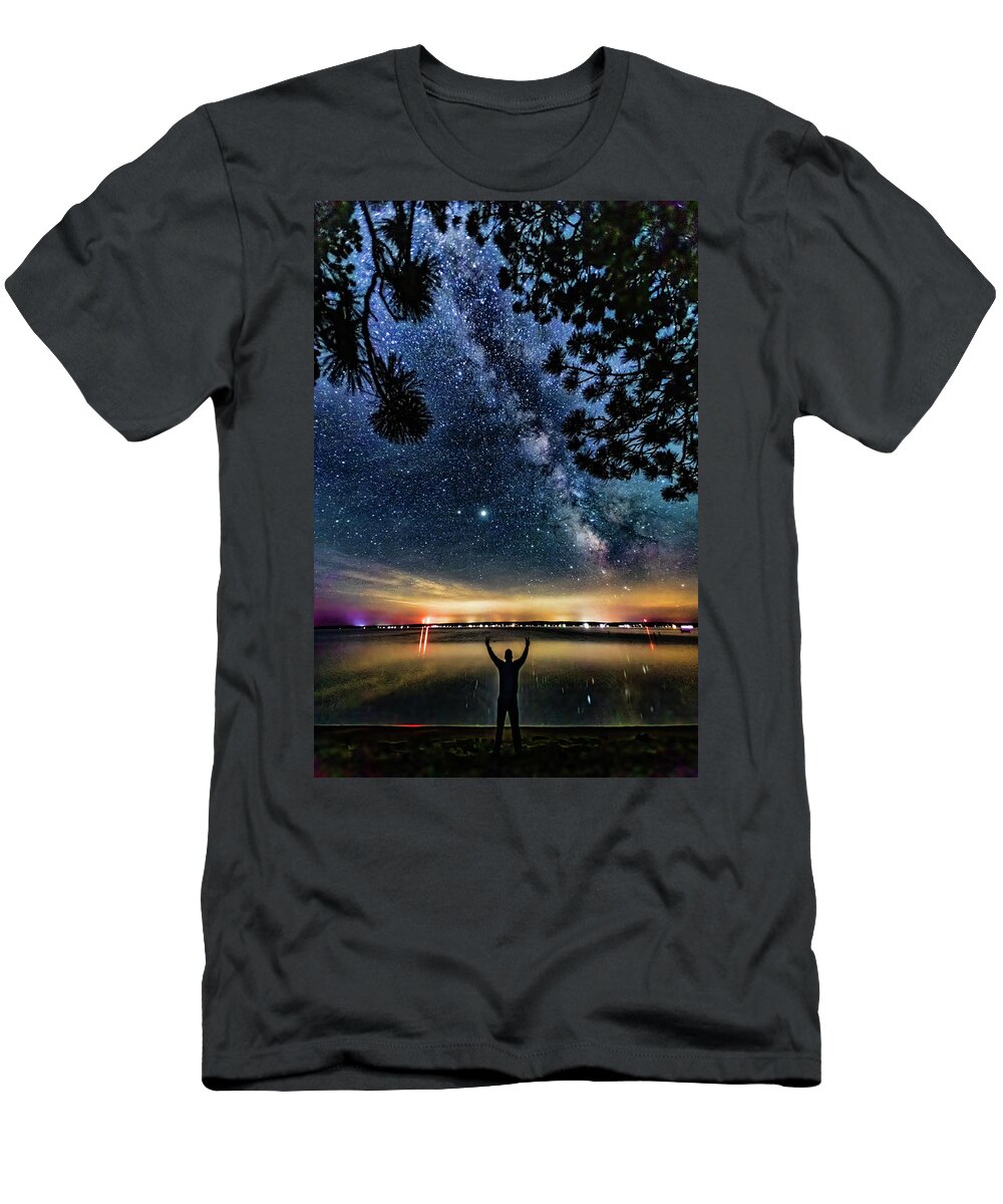 Higgins Lake T-Shirt featuring the photograph Milky Way Higgins Lake Summer Solstice 2020 by Joe Holley