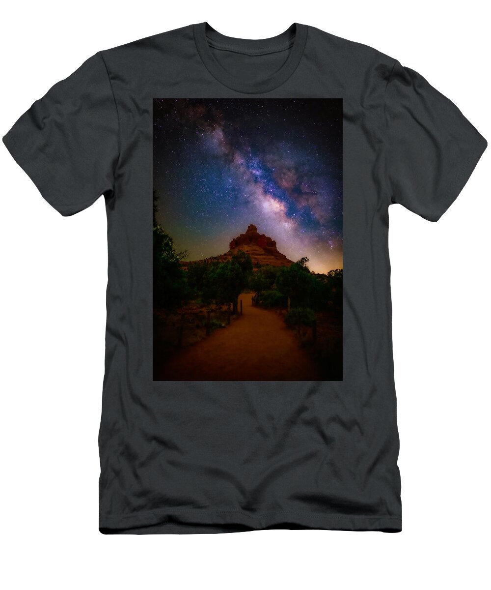 Scenic Red Rock Under The Milky Way Photo T-Shirt featuring the photograph Milky Way Over Bell Rock Trail by Heber Lopez