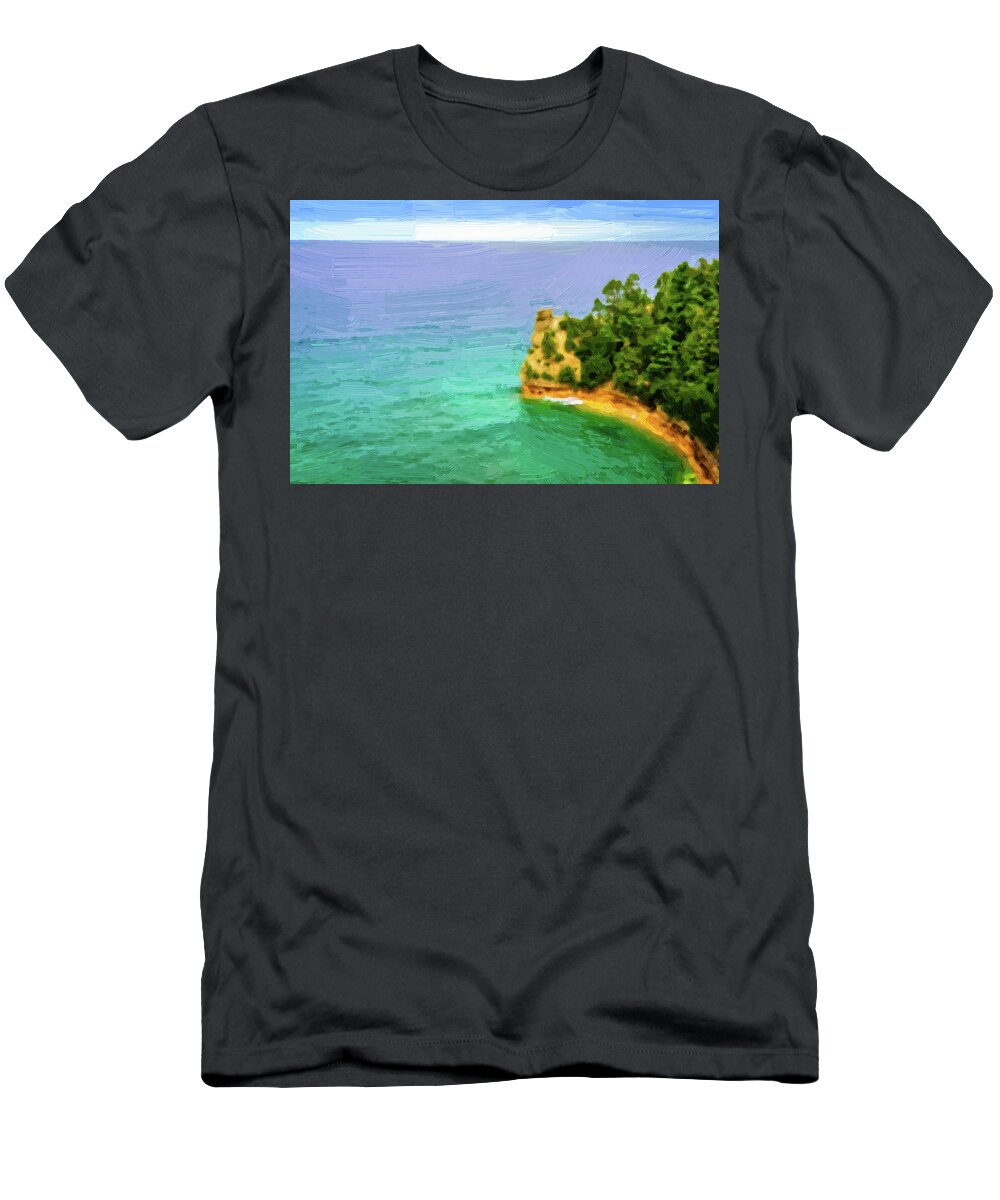 Michigan T-Shirt featuring the digital art Miners Castle at Pictured Rocks by Alexey Stiop
