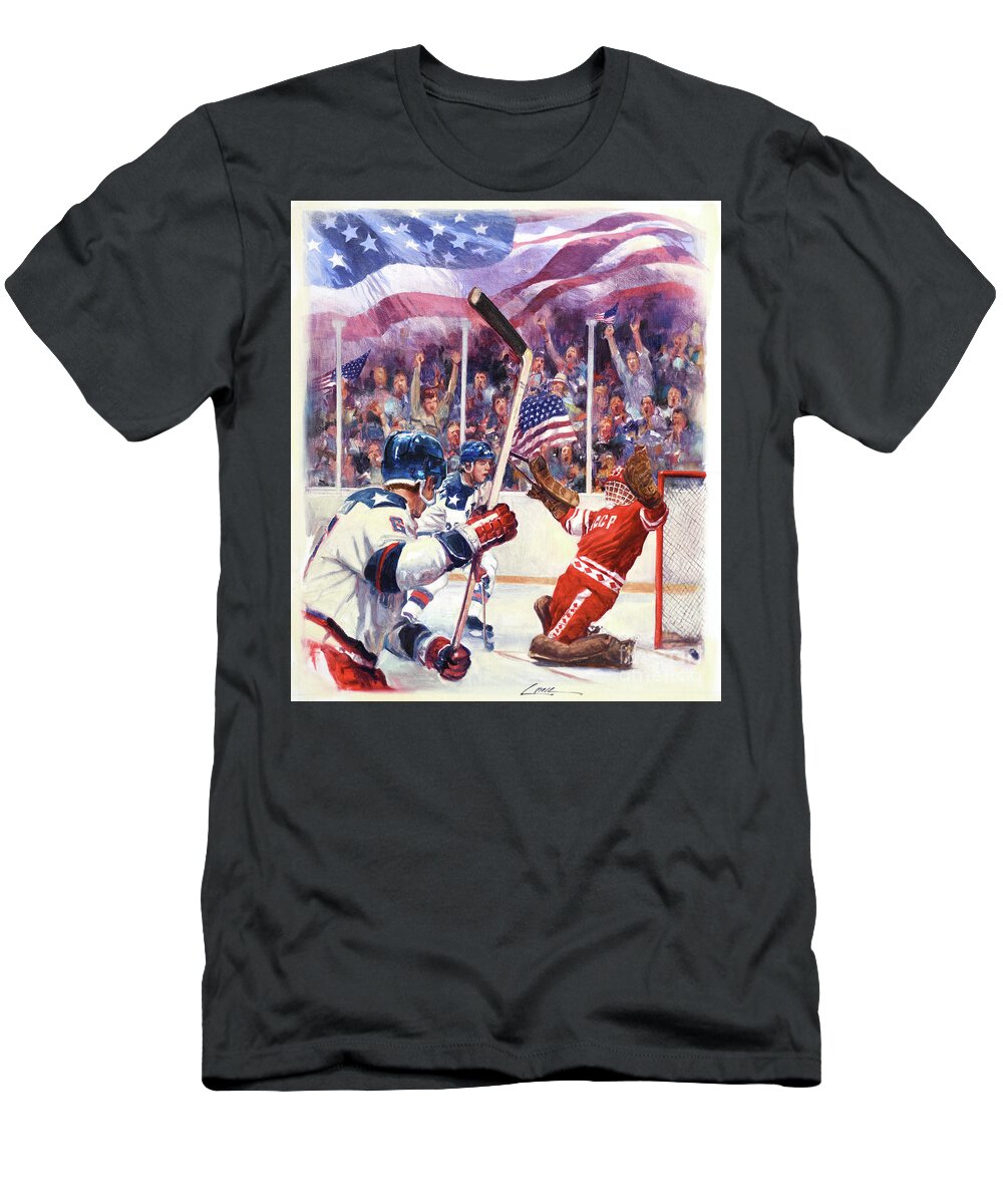 Dennis Lyall T-Shirt featuring the painting Miracle On Ice - USA Olympic Hockey Wins Over USSR by Dennis Lyall